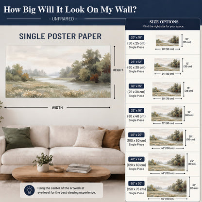 A broad pale river bordered by green trees and small meadow flowers single poster print size guide above a sofa; room view is illustrative