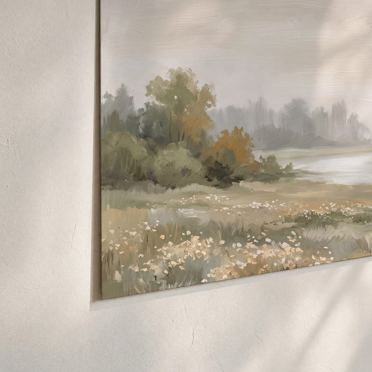 A broad pale river bordered by green trees and small meadow flowers set of 3 poster prints material and edge close up