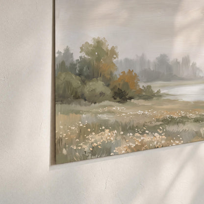 A broad pale river bordered by green trees and small meadow flowers set of 3 poster prints material and edge close up