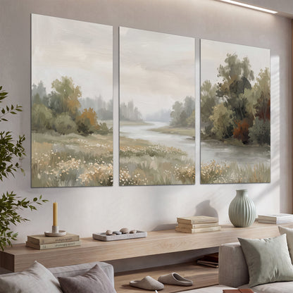 A broad pale river bordered by green trees and small meadow flowers set of 3 poster prints displayed in a console