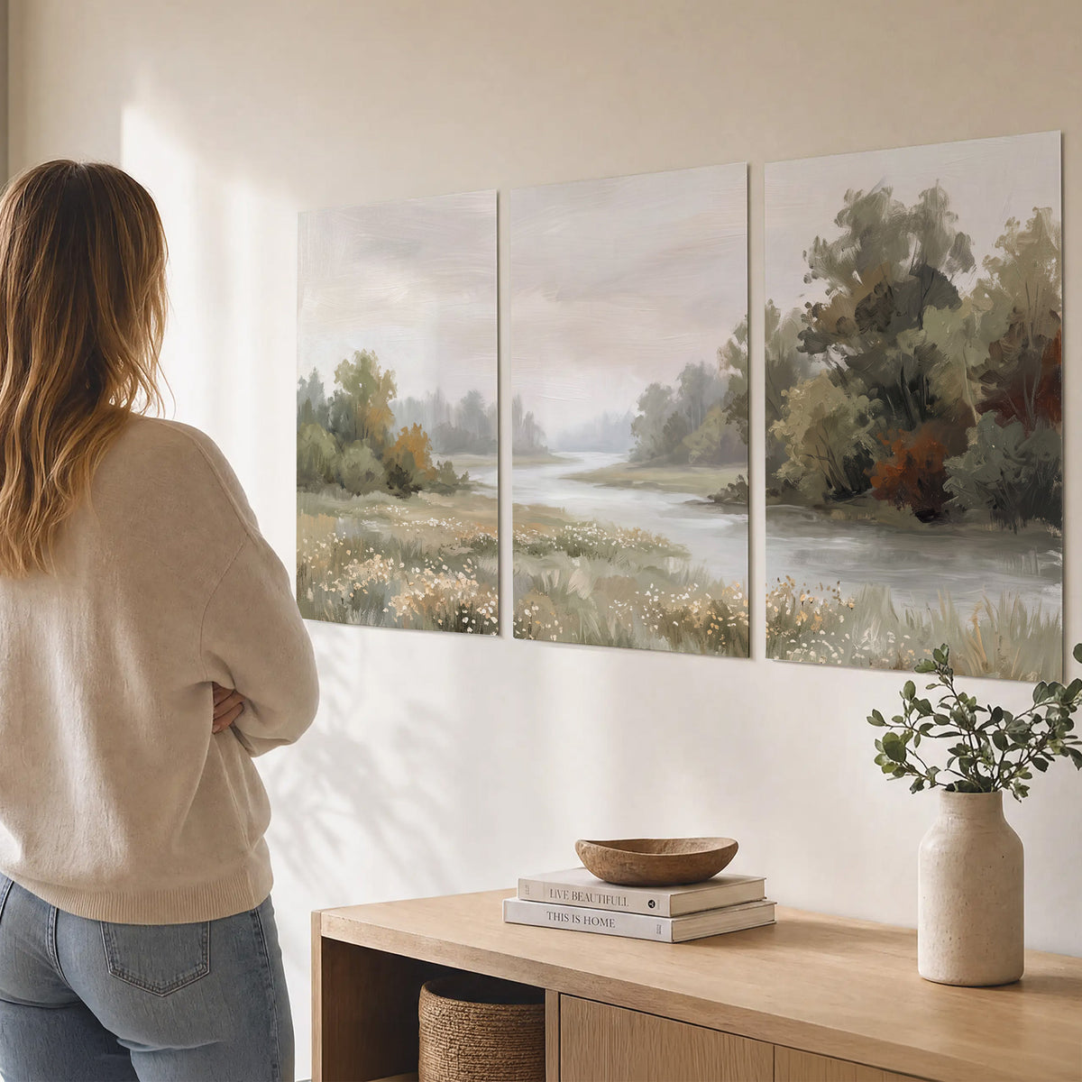 A broad pale river bordered by green trees and small meadow flowers set of 3 poster prints three panel arrangement on a wall