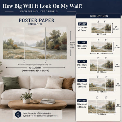 A broad pale river bordered by green trees and small meadow flowers set of 3 poster prints size guide above a sofa; room view is illustrative