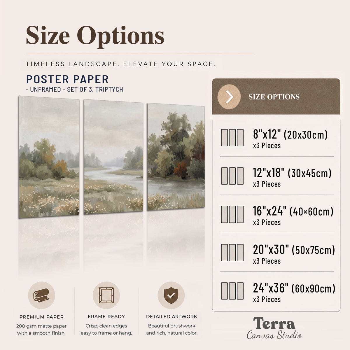 A broad pale river bordered by green trees and small meadow flowers set of 3 poster prints available dimensions; triptych dimensions are per panel