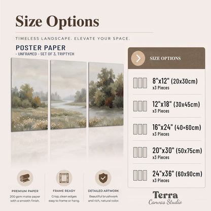 A broad pale river bordered by green trees and small meadow flowers set of 3 poster prints available dimensions; triptych dimensions are per panel