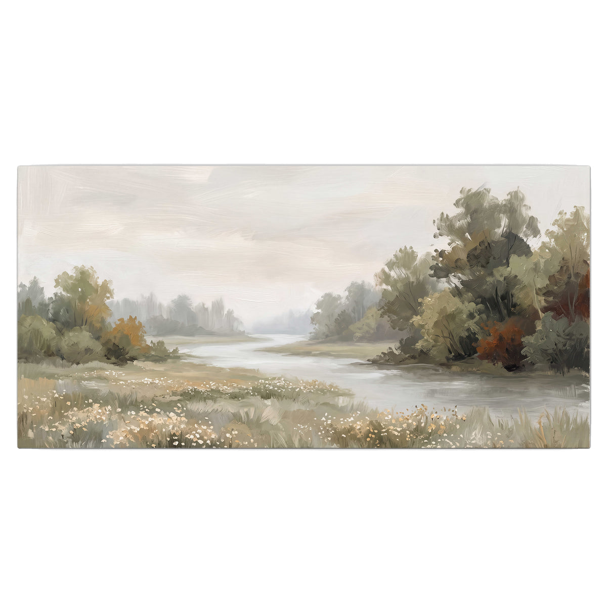 A broad pale river bordered by green trees and small meadow flowers single canvas wall art viewed straight on