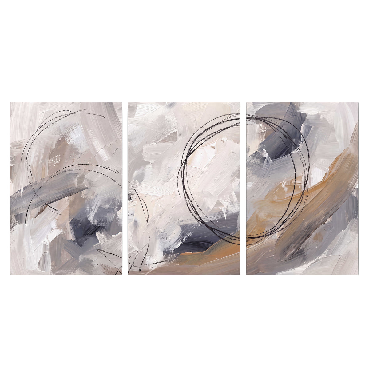 Expressive gray and cream abstract forms with fine gold-colored circular lines 3 piece canvas wall art viewed straight on