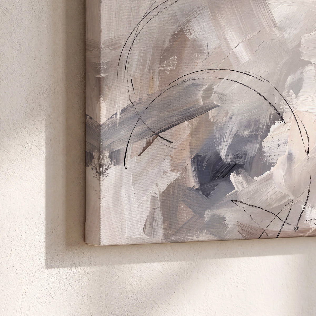Expressive gray and cream abstract forms with fine gold-colored circular lines 3 piece canvas wall art material and edge close up