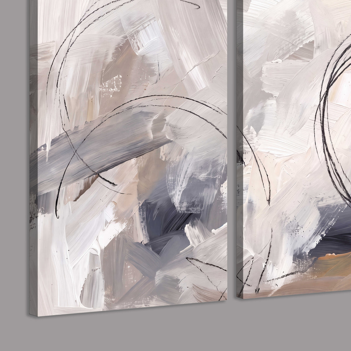Expressive gray and cream abstract forms with fine gold-colored circular lines 3 piece canvas wall art room and product view