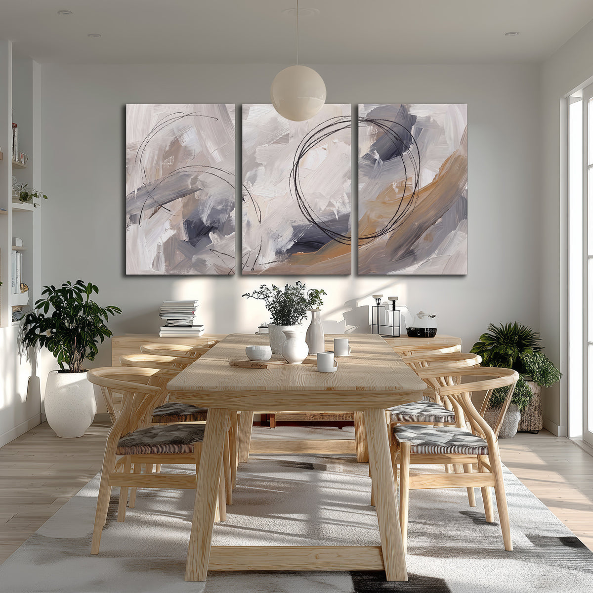 Expressive gray and cream abstract forms with fine gold-colored circular lines 3 piece canvas wall art room and product view
