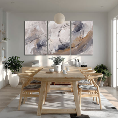 Expressive gray and cream abstract forms with fine gold-colored circular lines 3 piece canvas wall art room and product view