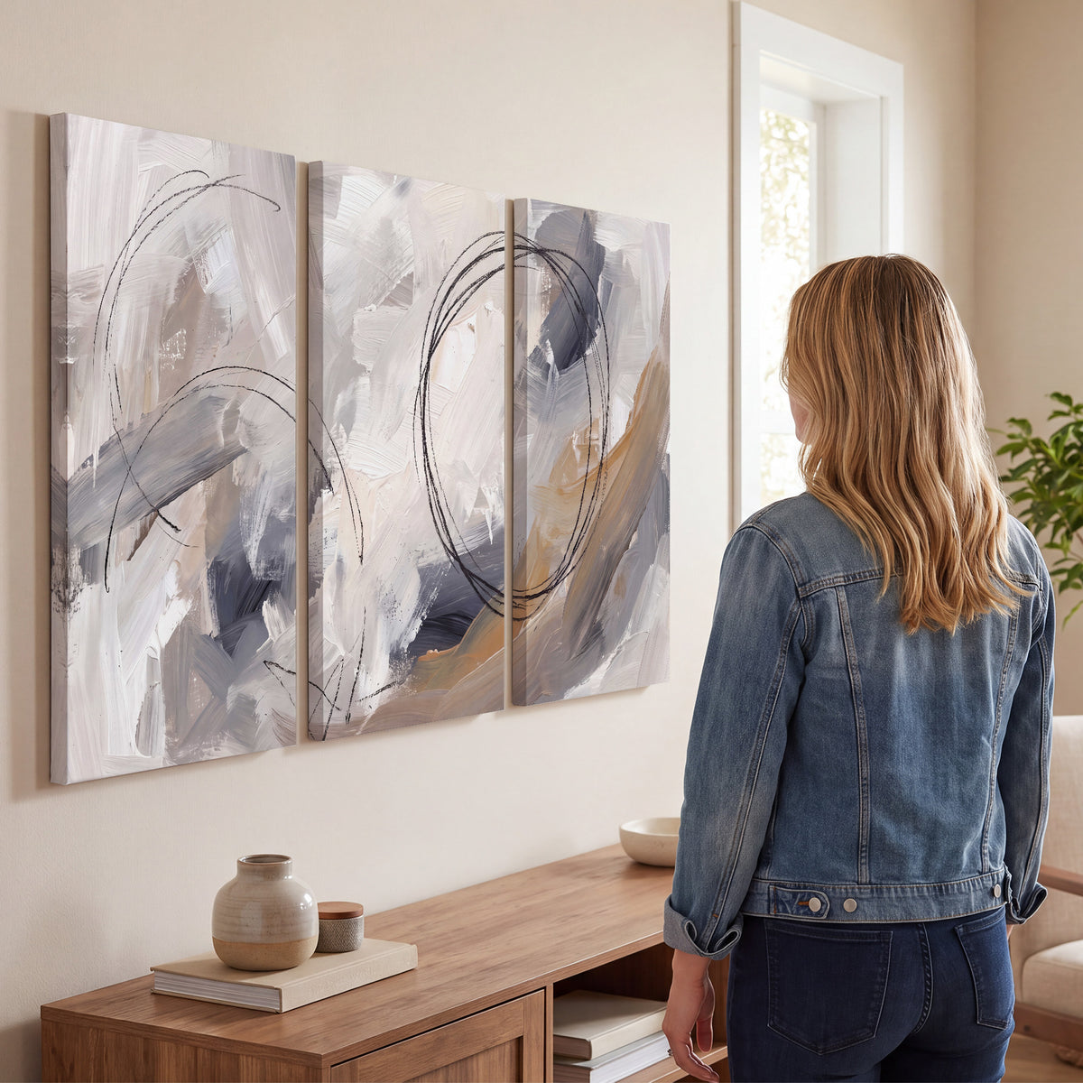 Expressive gray and cream abstract forms with fine gold-colored circular lines 3 piece canvas wall art three panel arrangement on a wall