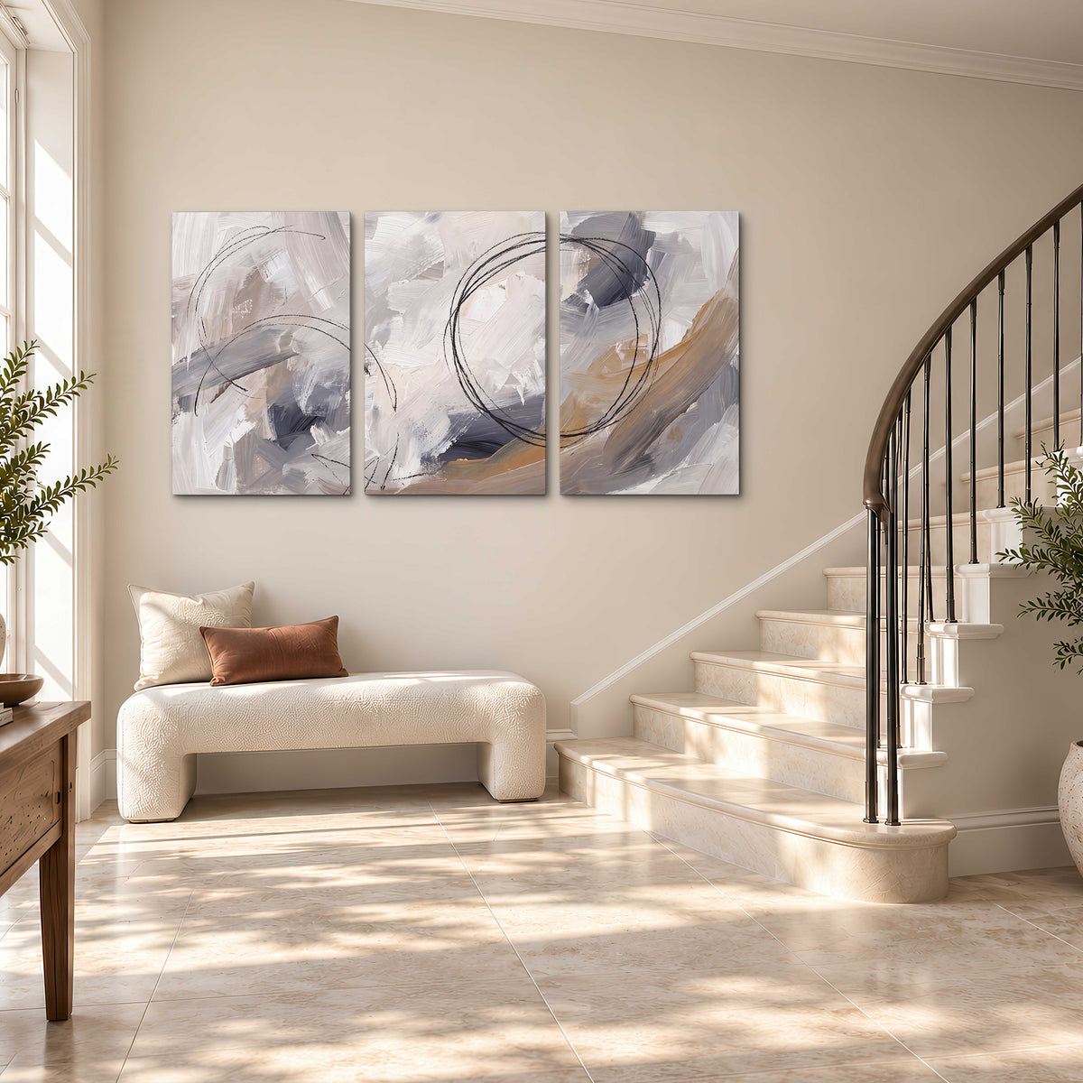 Expressive gray and cream abstract forms with fine gold-colored circular lines 3 piece canvas wall art styled in an interior