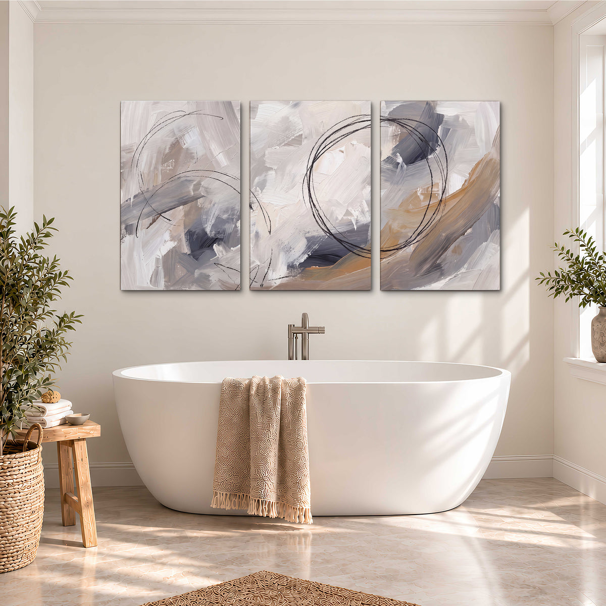 Expressive gray and cream abstract forms with fine gold-colored circular lines 3 piece canvas wall art styled in an interior