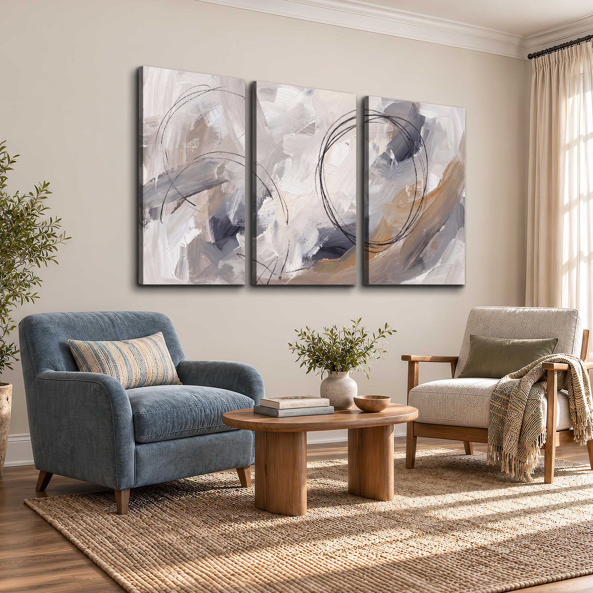 Expressive gray and cream abstract forms with fine gold-colored circular lines 3 piece canvas wall art styled in an interior