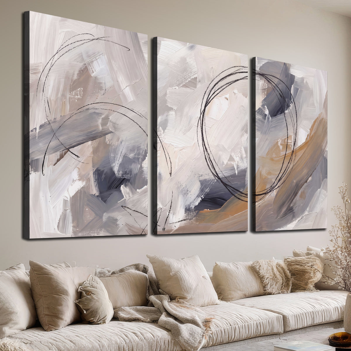 Expressive gray and cream abstract forms with fine gold-colored circular lines 3 piece canvas wall art room and product view