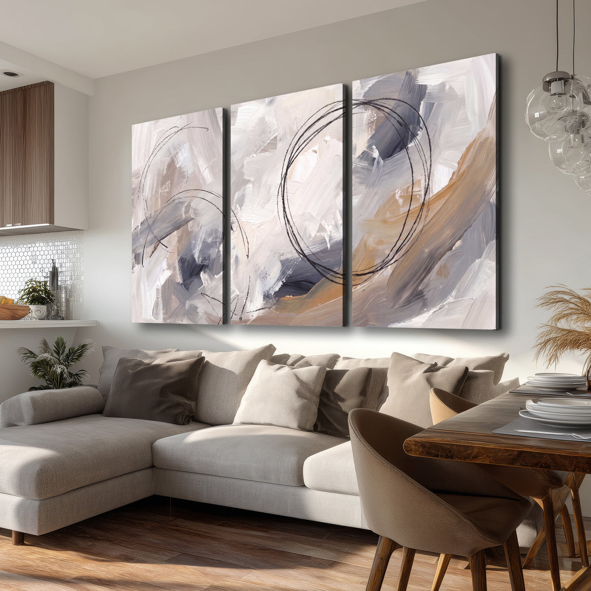 Expressive gray and cream abstract forms with fine gold-colored circular lines 3 piece canvas wall art room and product view
