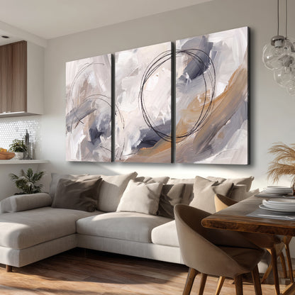 Expressive gray and cream abstract forms with fine gold-colored circular lines 3 piece canvas wall art room and product view