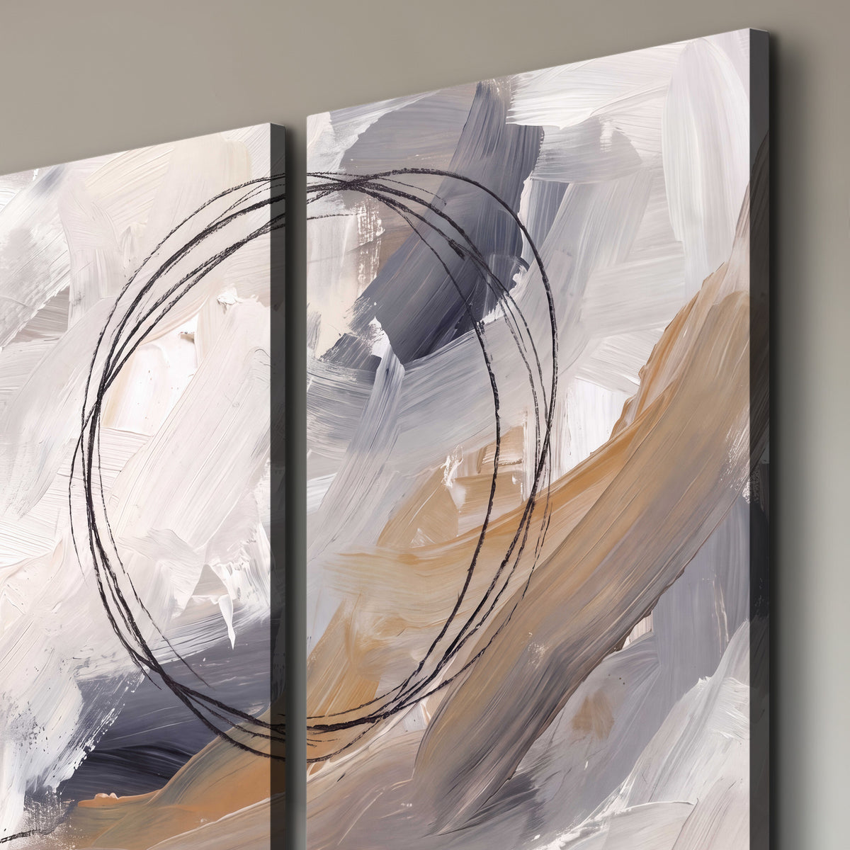 Expressive gray and cream abstract forms with fine gold-colored circular lines 3 piece canvas wall art room and product view