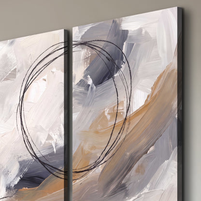 Expressive gray and cream abstract forms with fine gold-colored circular lines 3 piece canvas wall art room and product view