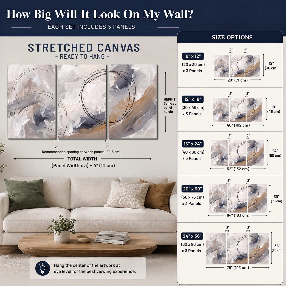 Expressive gray and cream abstract forms with fine gold-colored circular lines 3 piece canvas wall art size guide above a sofa; room view is illustrative