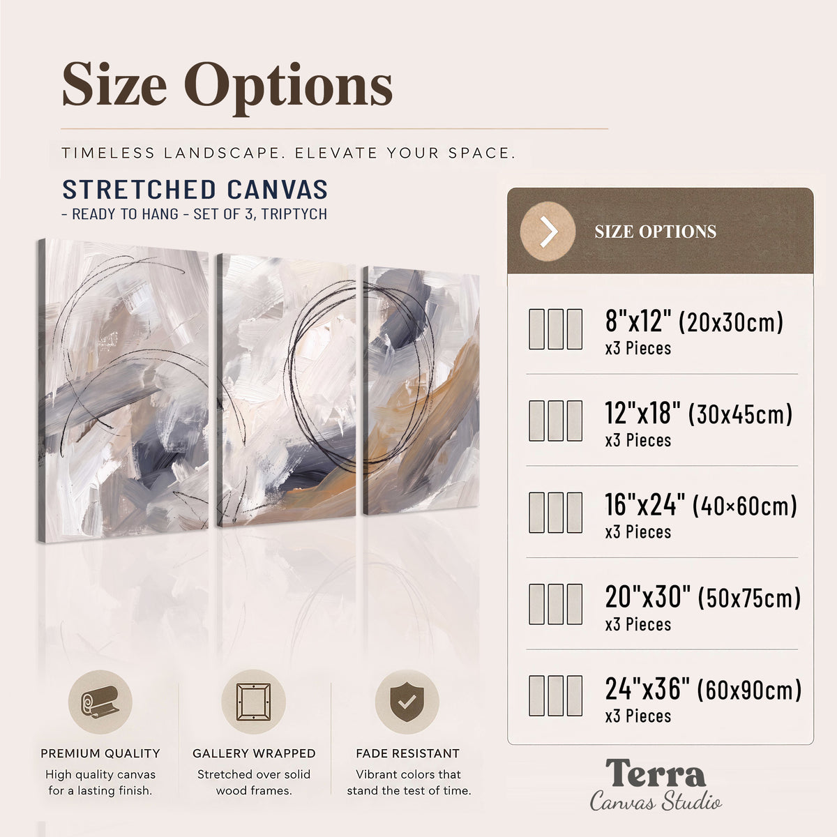 Expressive gray and cream abstract forms with fine gold-colored circular lines 3 piece canvas wall art available dimensions; triptych dimensions are per panel