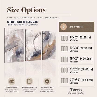 Expressive gray and cream abstract forms with fine gold-colored circular lines 3 piece canvas wall art available dimensions; triptych dimensions are per panel
