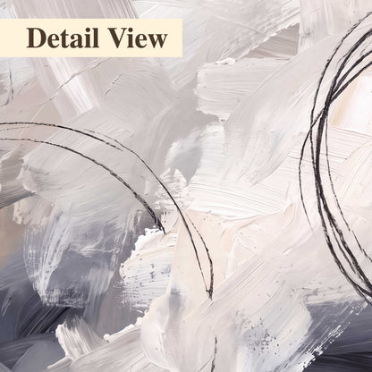 Expressive gray and cream abstract forms with fine gold-colored circular lines 3 piece canvas wall art artwork detail close up