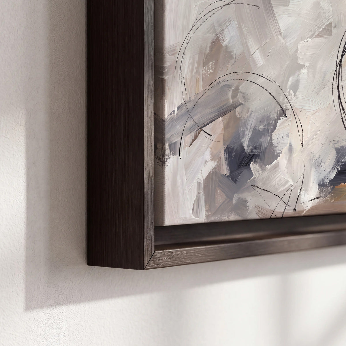 Expressive gray and cream abstract forms with fine gold-colored circular lines 3 piece framed canvas wall art material and edge close up