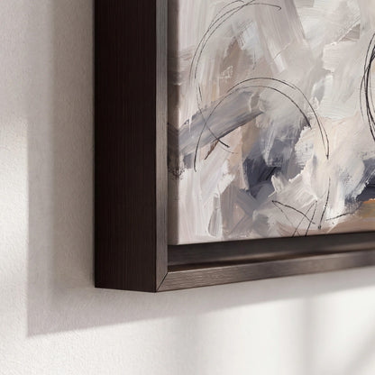 Expressive gray and cream abstract forms with fine gold-colored circular lines 3 piece framed canvas wall art material and edge close up