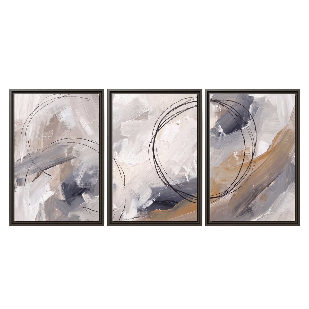 Expressive gray and cream abstract forms with fine gold-colored circular lines 3 piece framed canvas wall art viewed straight on