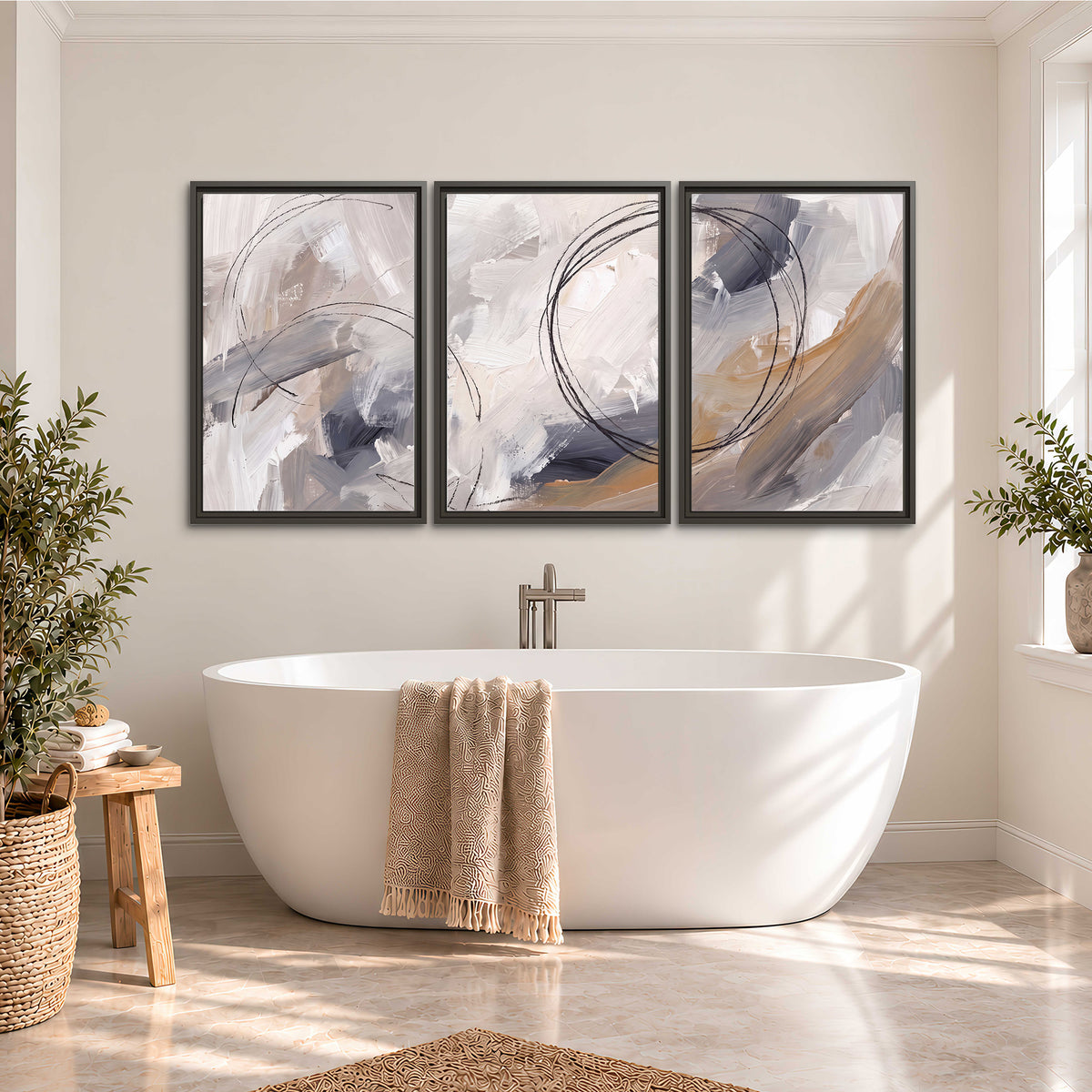 Expressive gray and cream abstract forms with fine gold-colored circular lines 3 piece framed canvas wall art styled in an interior