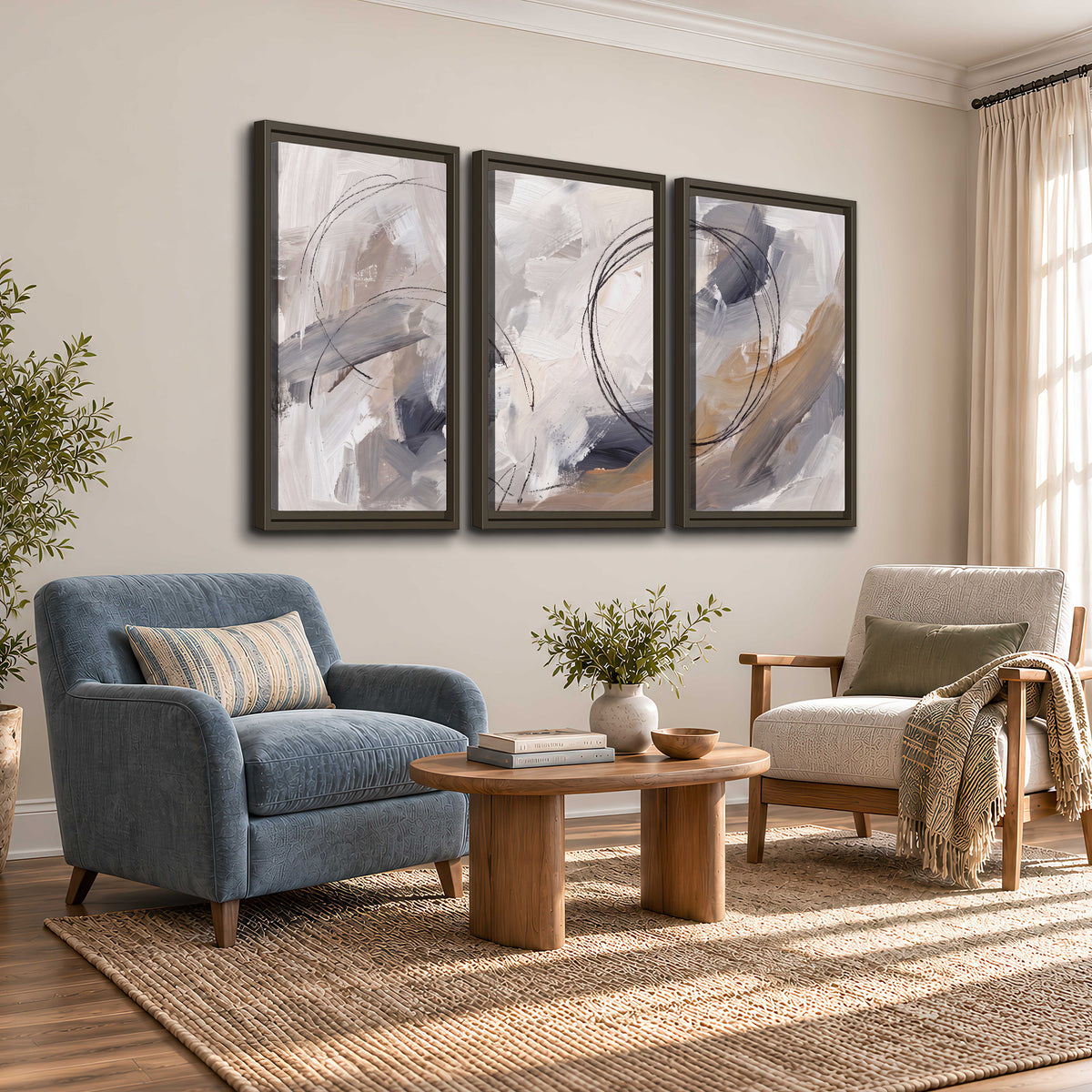 Expressive gray and cream abstract forms with fine gold-colored circular lines 3 piece framed canvas wall art styled in an interior
