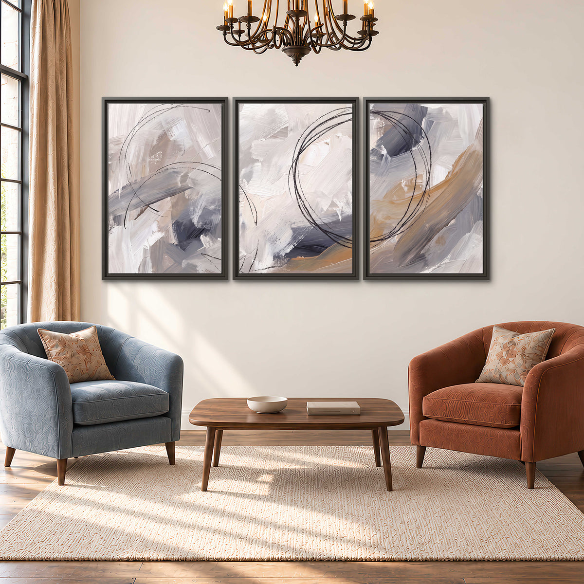 Expressive gray and cream abstract forms with fine gold-colored circular lines 3 piece framed canvas wall art styled in an interior