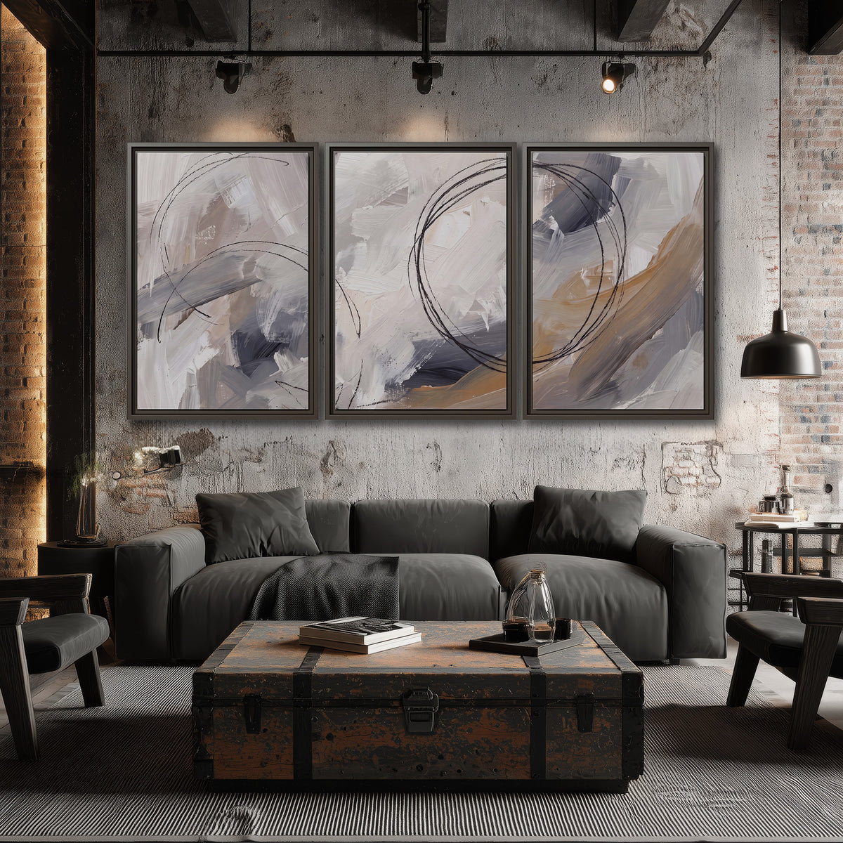 Expressive gray and cream abstract forms with fine gold-colored circular lines 3 piece framed canvas wall art displayed in a industrial room