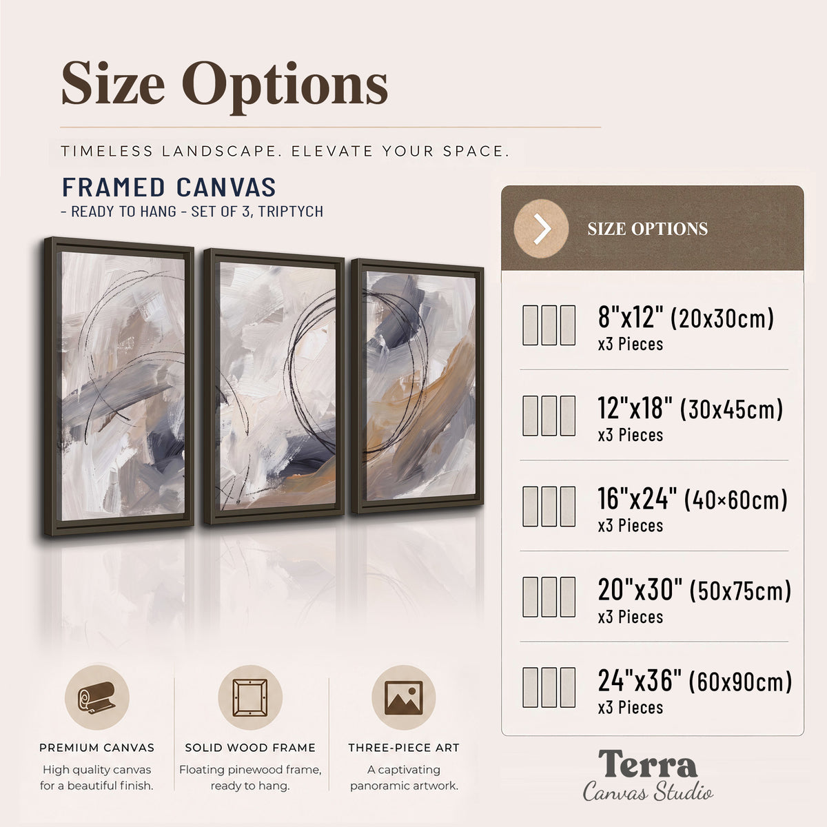 Expressive gray and cream abstract forms with fine gold-colored circular lines 3 piece framed canvas wall art available dimensions; triptych dimensions are per panel