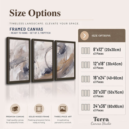 Expressive gray and cream abstract forms with fine gold-colored circular lines 3 piece framed canvas wall art available dimensions; triptych dimensions are per panel