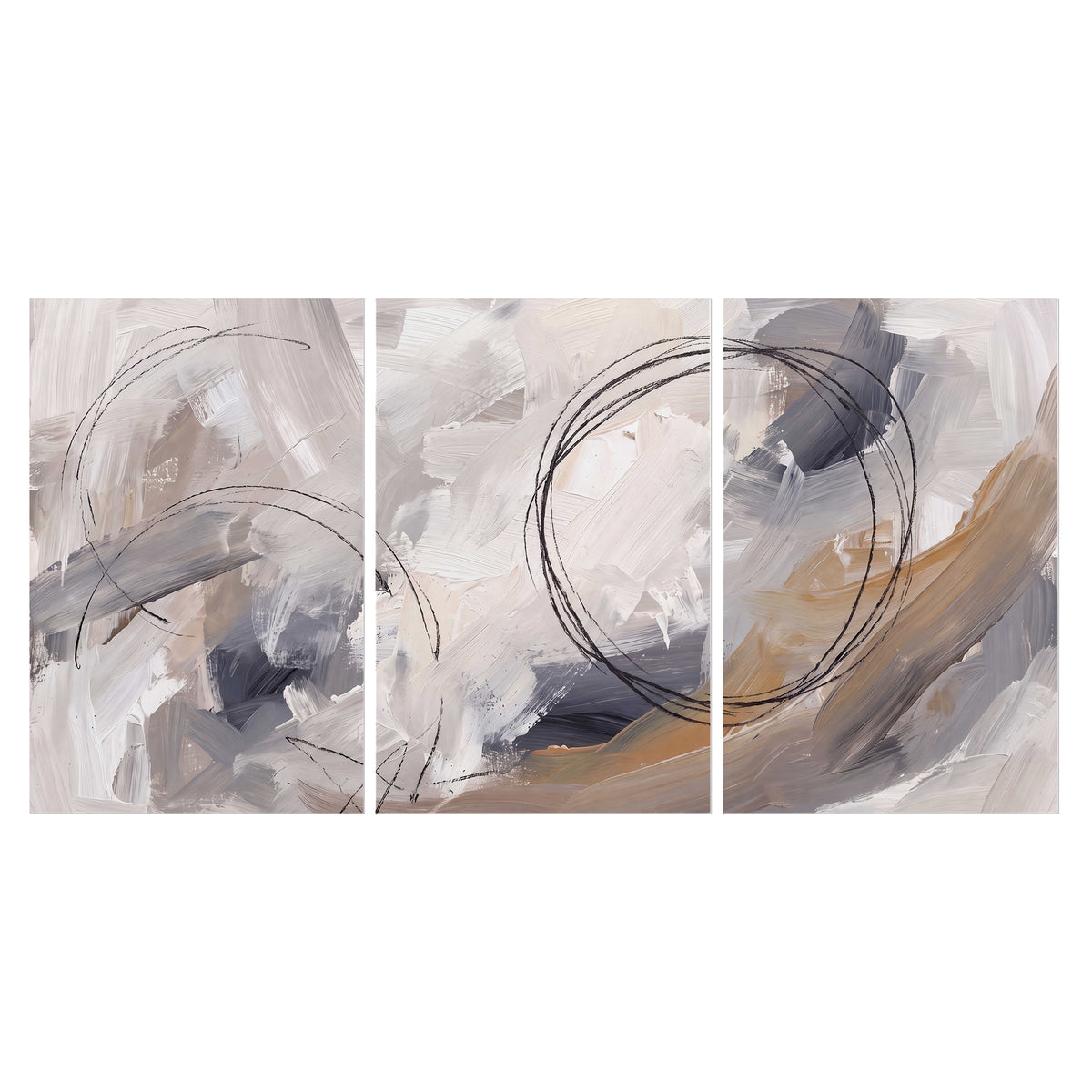 Expressive gray and cream abstract forms with fine gold-colored circular lines set of 3 poster prints viewed straight on