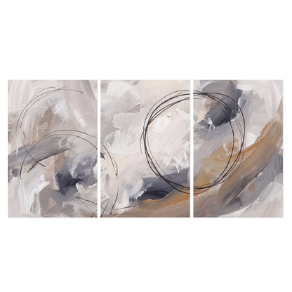 Expressive gray and cream abstract forms with fine gold-colored circular lines set of 3 poster prints viewed straight on