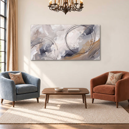 Expressive gray and cream abstract forms with fine gold-colored circular lines single canvas wall art styled in an interior