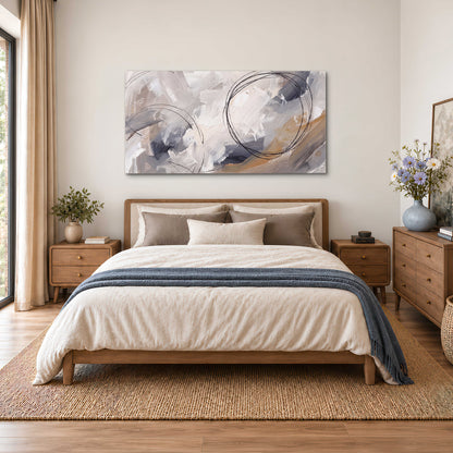 Expressive gray and cream abstract forms with fine gold-colored circular lines single canvas wall art styled in an interior