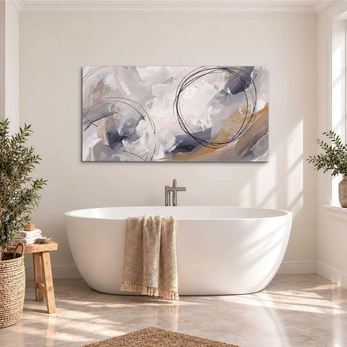 Expressive gray and cream abstract forms with fine gold-colored circular lines single canvas wall art styled in an interior