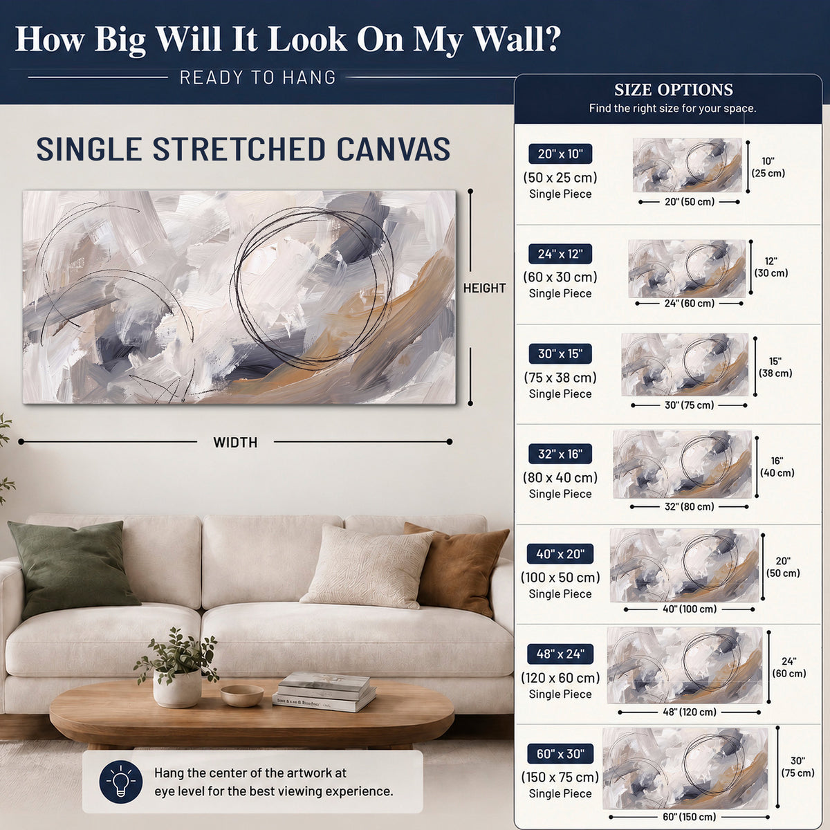 Expressive gray and cream abstract forms with fine gold-colored circular lines single canvas wall art size guide above a sofa; room view is illustrative