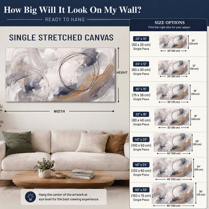 Expressive gray and cream abstract forms with fine gold-colored circular lines single canvas wall art size guide above a sofa; room view is illustrative