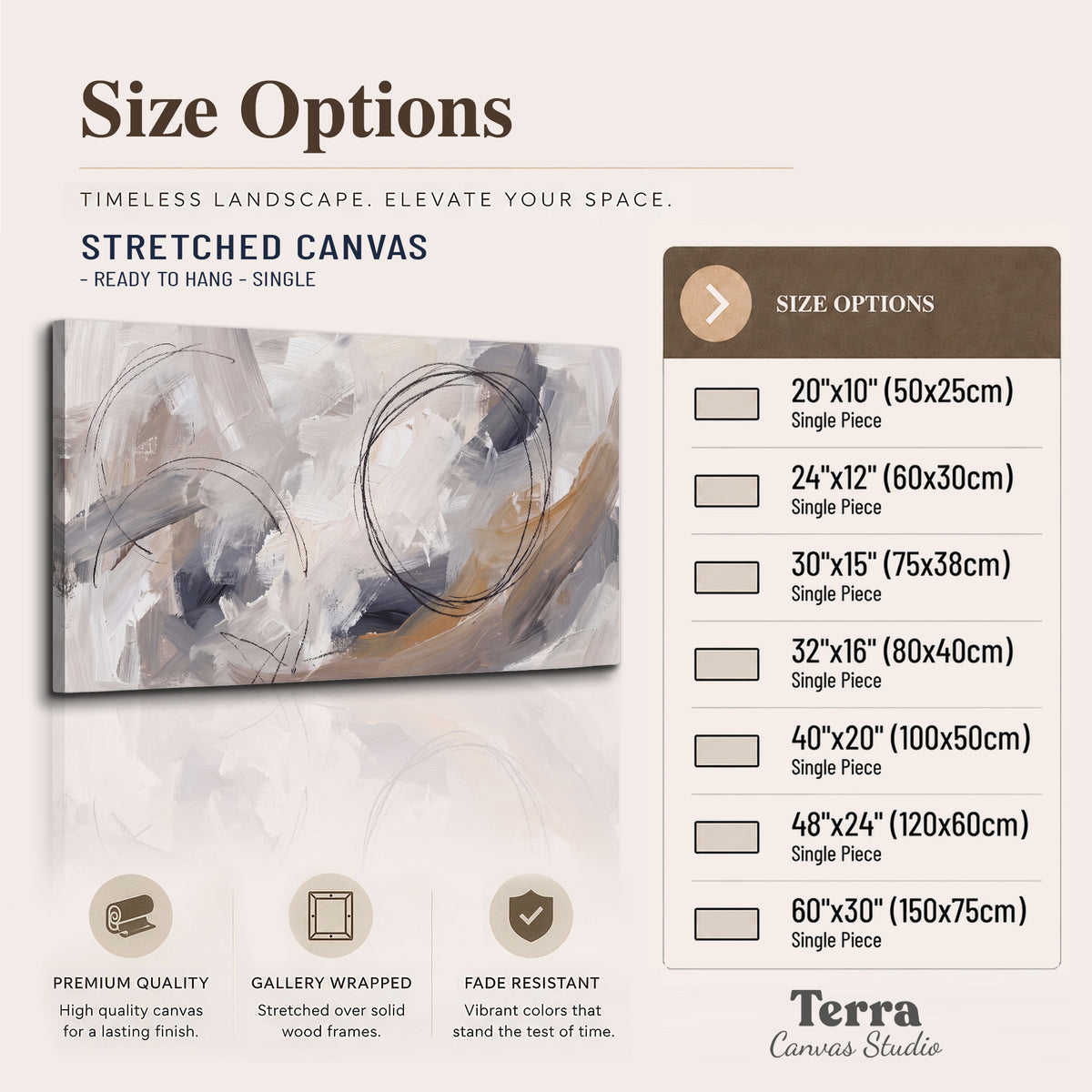 Expressive gray and cream abstract forms with fine gold-colored circular lines single canvas wall art available dimensions
