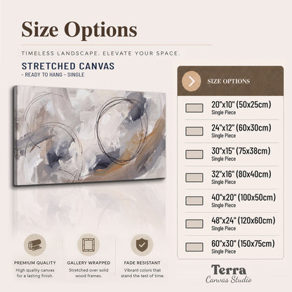 Expressive gray and cream abstract forms with fine gold-colored circular lines single canvas wall art available dimensions
