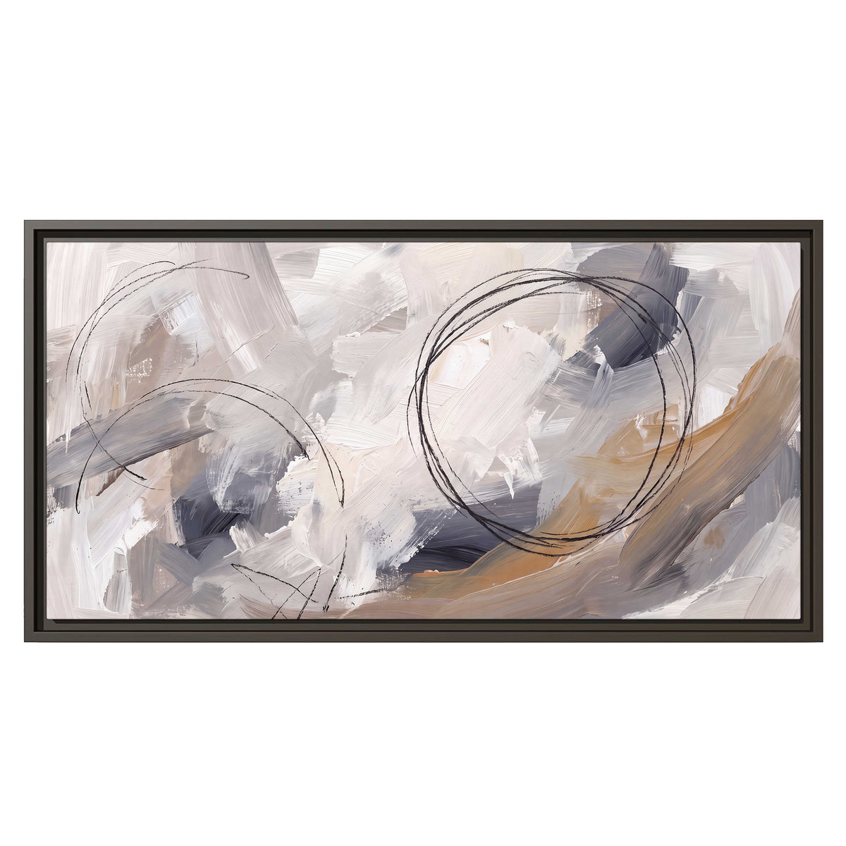 Expressive gray and cream abstract forms with fine gold-colored circular lines single framed canvas wall art viewed straight on