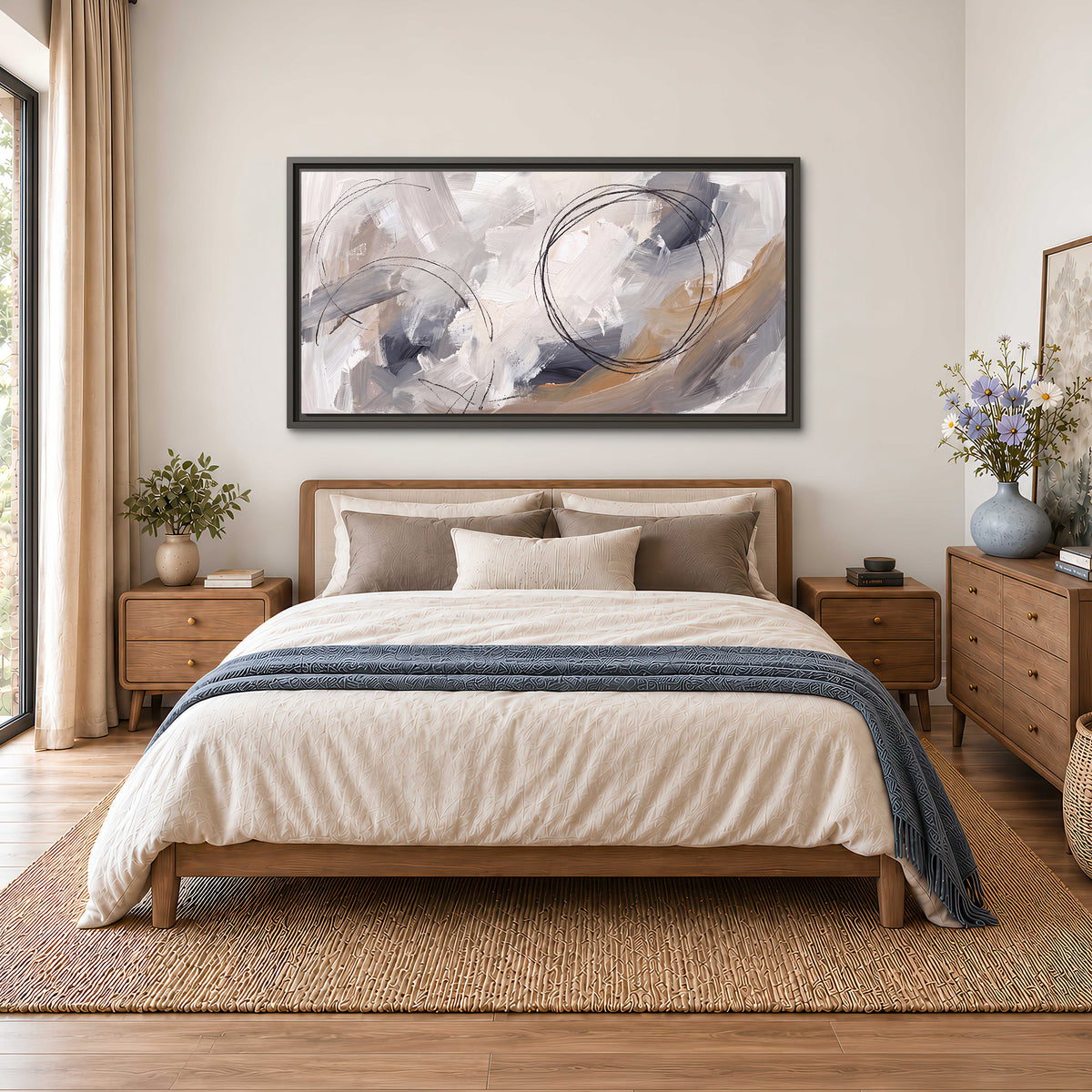 Expressive gray and cream abstract forms with fine gold-colored circular lines single framed canvas wall art styled in an interior