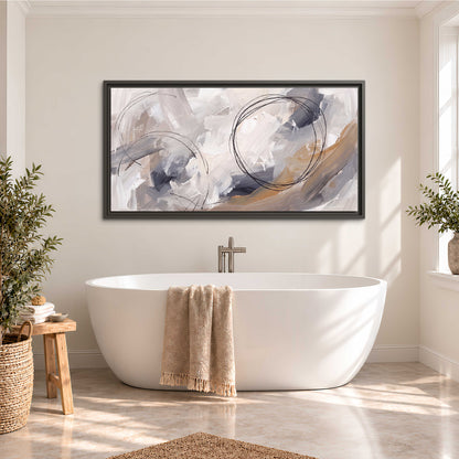 Expressive gray and cream abstract forms with fine gold-colored circular lines single framed canvas wall art styled in an interior