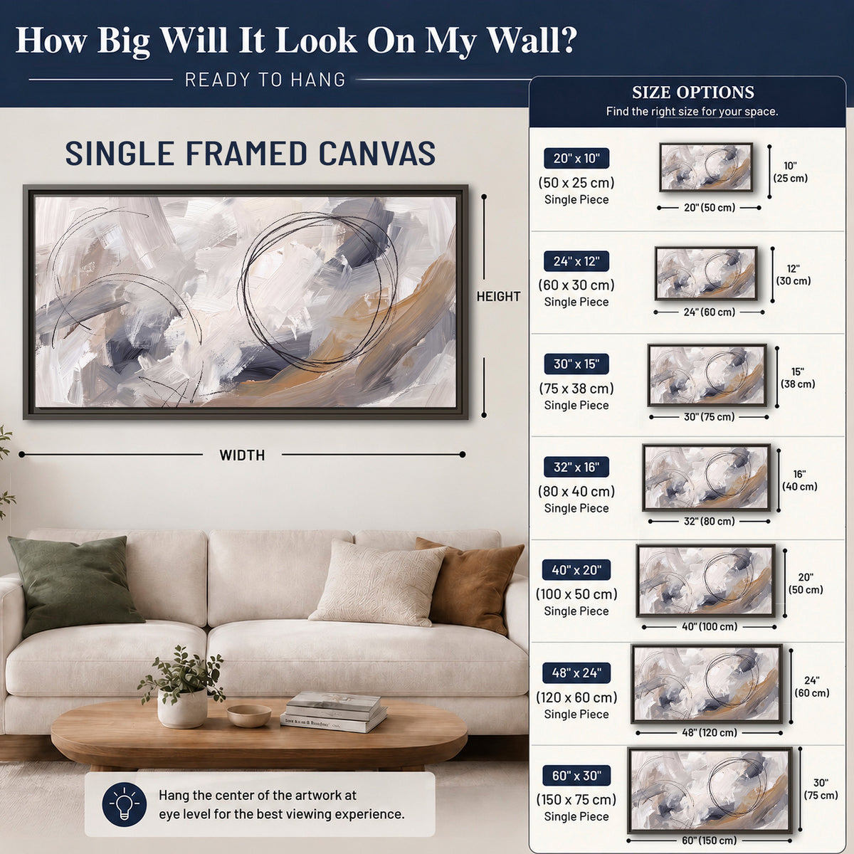 Expressive gray and cream abstract forms with fine gold-colored circular lines single framed canvas wall art size guide above a sofa; room view is illustrative