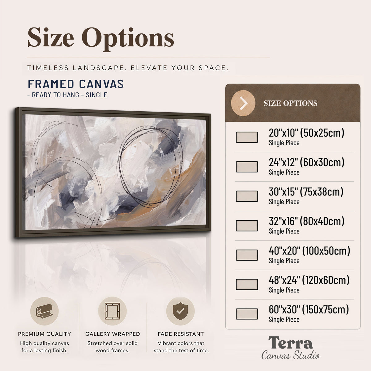 Expressive gray and cream abstract forms with fine gold-colored circular lines single framed canvas wall art available dimensions